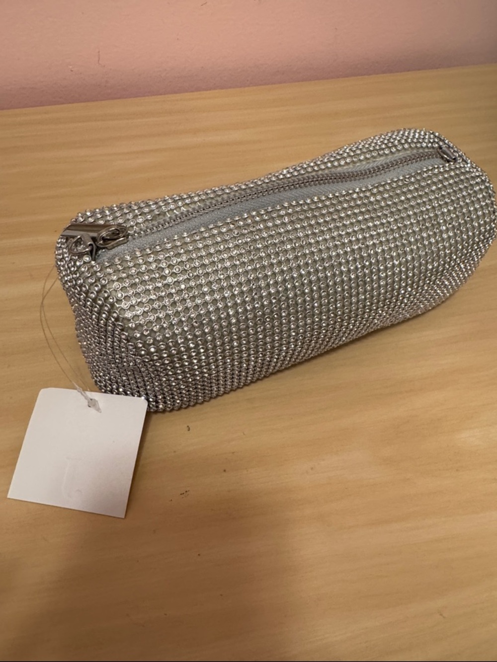 Silver Rhinestone Zip Pouch